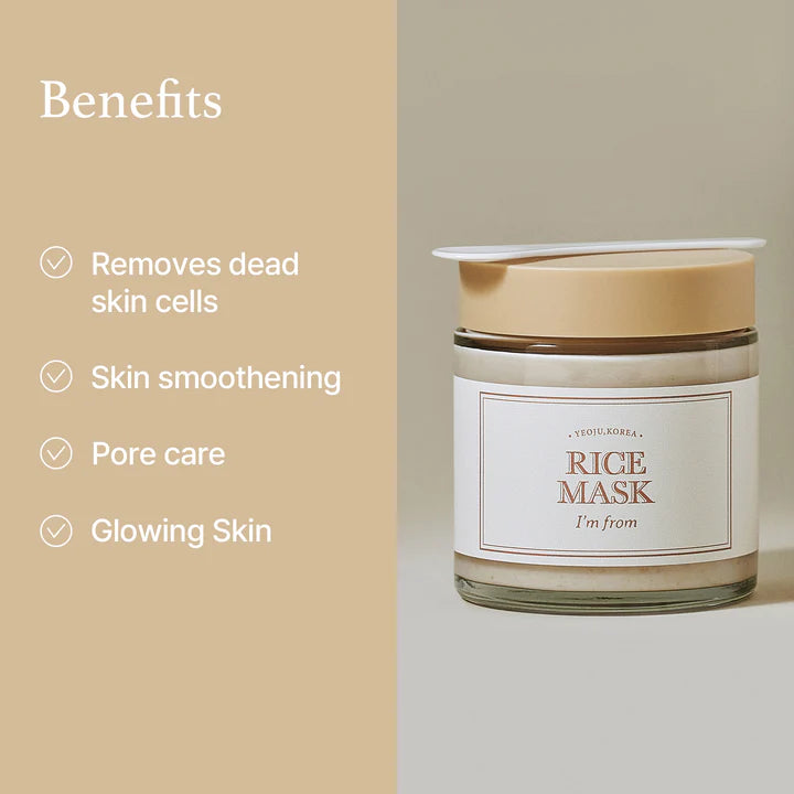 I’m From Rice Mask with rice bran and rice powder, a gentle scrub that cleans, brightens skin, and tightens pores for a smooth, glowing complexion