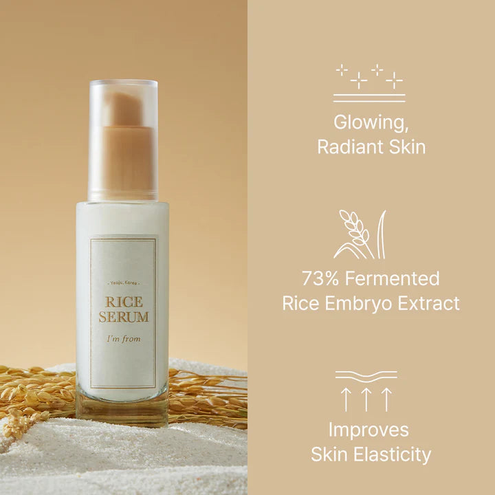 I’m From Rice Serum, a lightweight formula with 73% rice germ extract to firm, brighten, and hydrate the skin for a smoother, youthful complexion