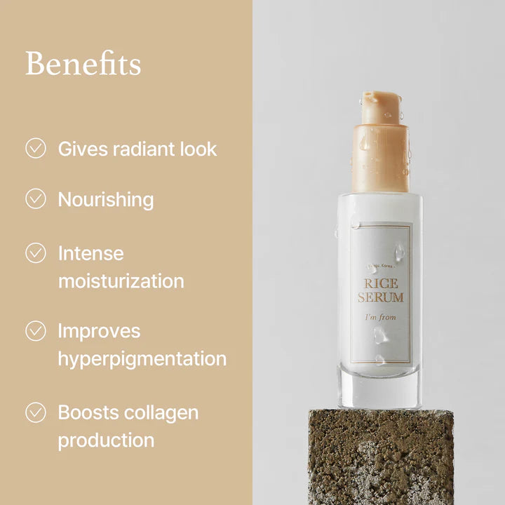 I’m From Rice Serum enriched with niacinamide and hyaluronic acid, boosting collagen, improving skin elasticity, and reducing dark spots for glowing skin