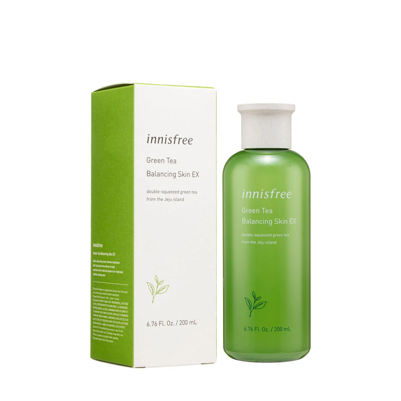 Innisfree Green Tea Balancing Skin EX packaging – 200ml bottle, dermatologically tested and hypoallergenic for balanced, hydrated skin suitable for all skin types