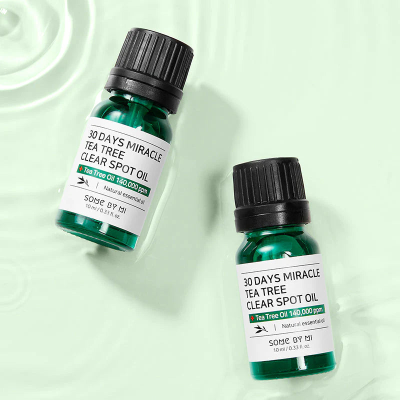 Some By Mi 30 Days Miracle Tea Tree Clear Spot Oil – 10ml clear bottle with dropper for easy application of acne treatment.