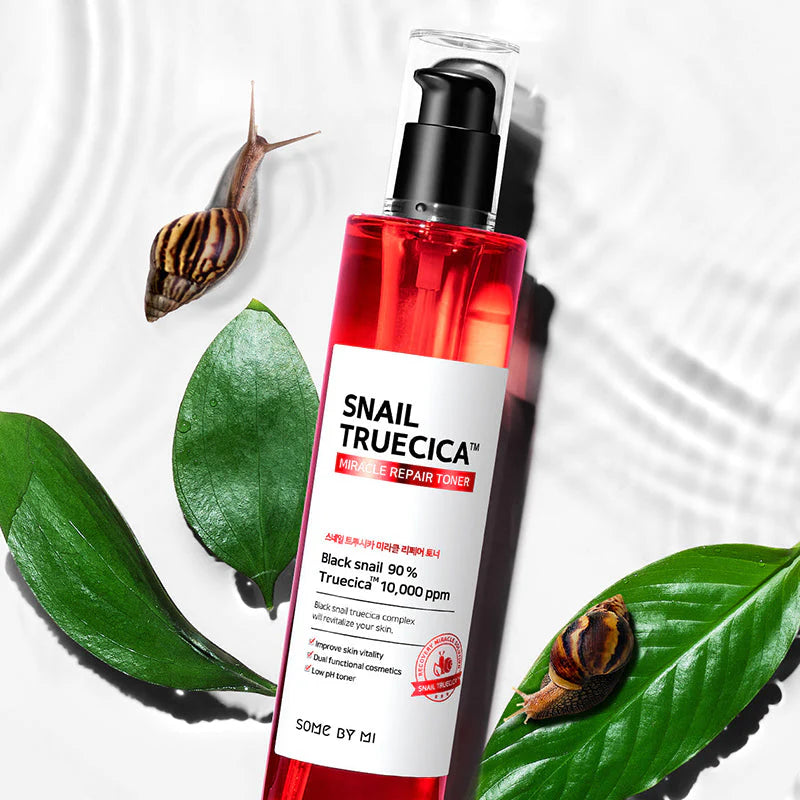 Some By Mi Snail Truecica Miracle Repair Toner – Highlighting the key ingredients like snail secretion filtrate, niacinamide, and centella asiatica for skin repair and brightening.