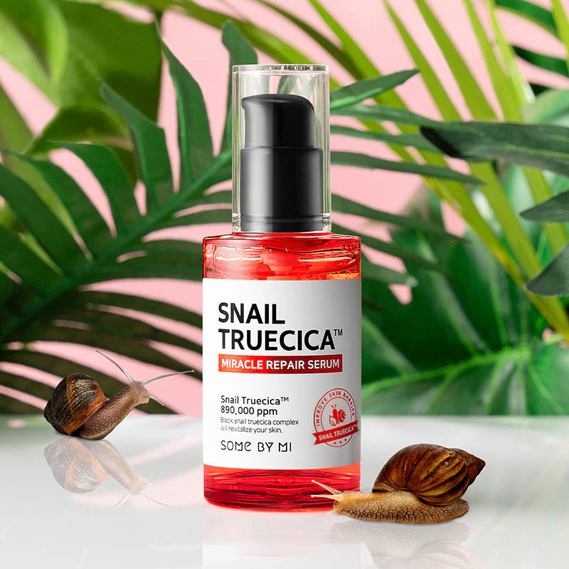 Some By Mi Snail Truecica Miracle Repair Serum – A lightweight serum with 89% snail truecica that repairs, soothes, and strengthens the skin, reducing dark spots and calming irritation.