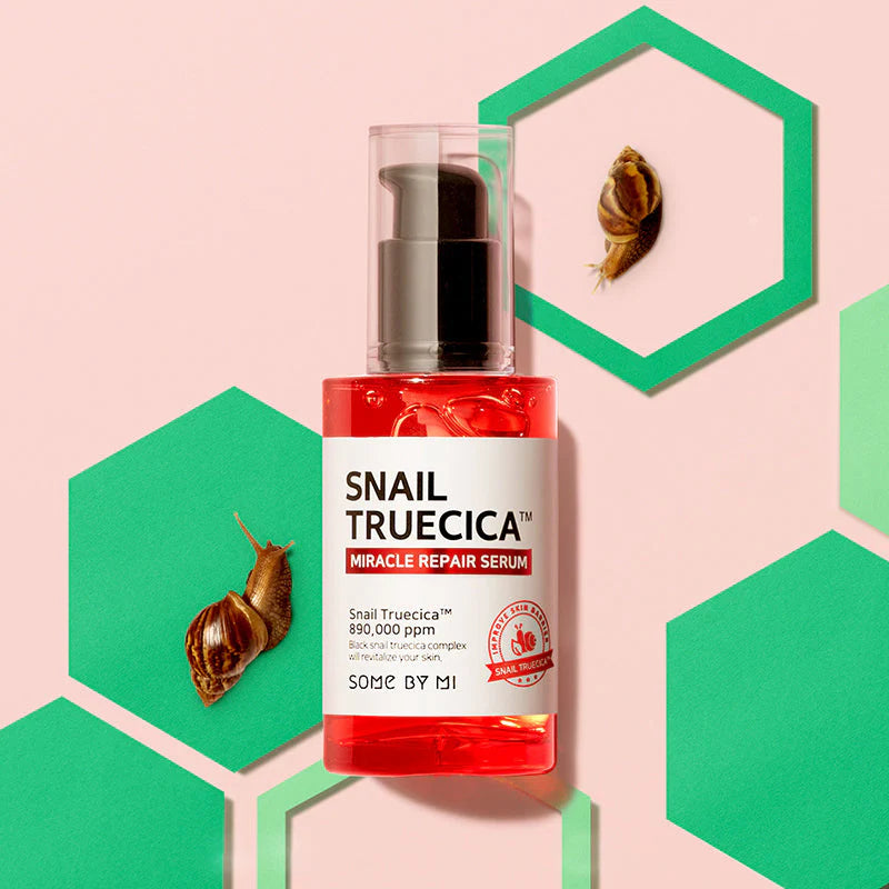 Some By Mi Snail Truecica Miracle Repair Serum – Highlighting key ingredients like snail secretion filtrate, niacinamide, and tea tree extract for healing, brightening, and soothing effects.
