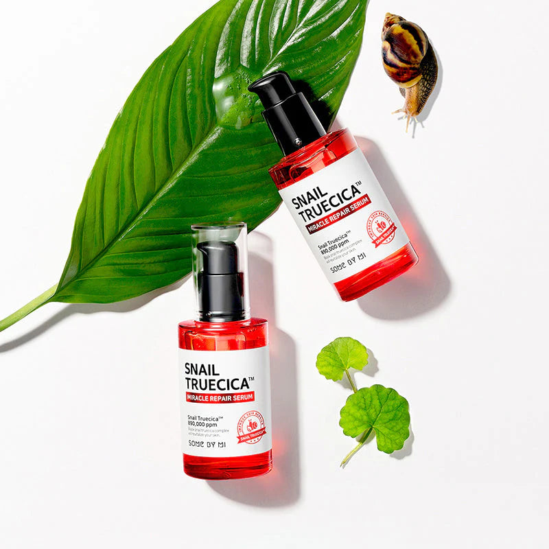 Some By Mi Snail Truecica Miracle Repair Serum – A lightweight serum with 89% snail truecica that repairs, soothes, and strengthens the skin, reducing dark spots and calming irritation.