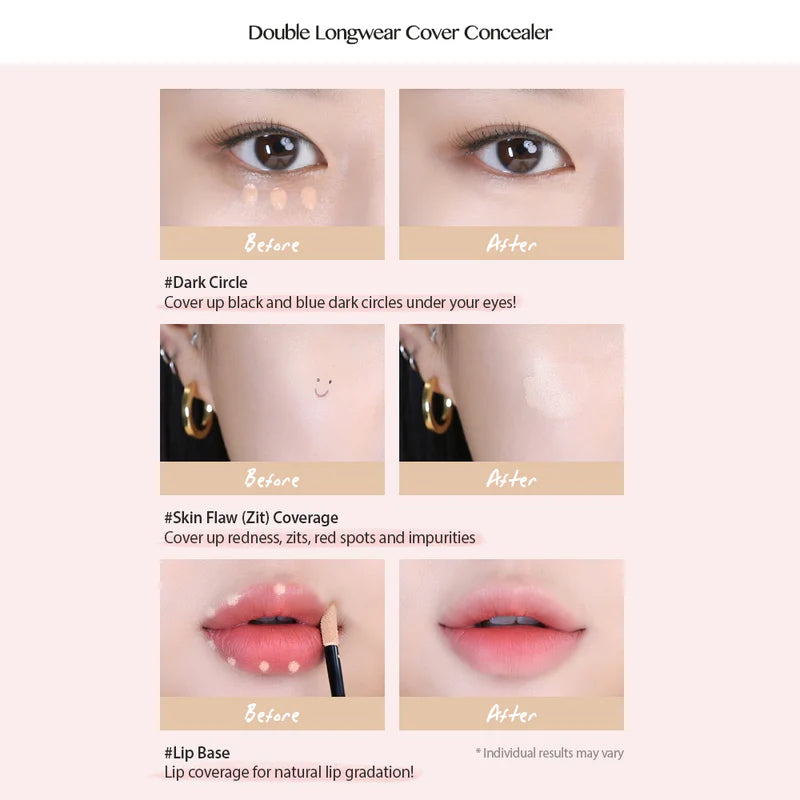 A before and after comparison showing the effectiveness of the Peripera Double Longwear Cover Concealer in hiding imperfections, with a clear improvement in skin tone and a smooth finish.