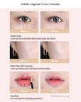 A before and after comparison showing the effectiveness of the Peripera Double Longwear Cover Concealer in hiding imperfections, with a clear improvement in skin tone and a smooth finish.