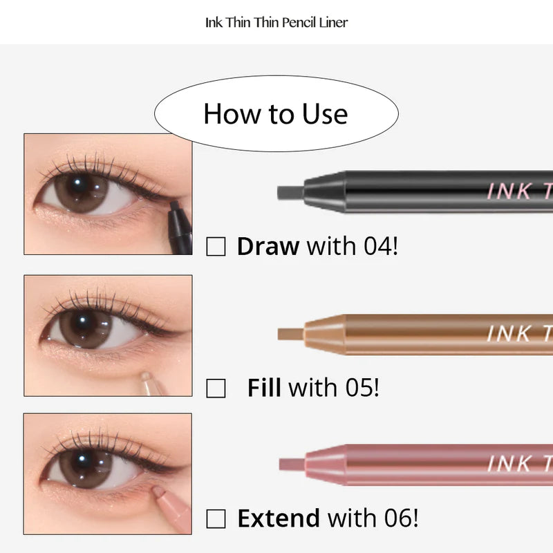 Peripera Ink Thin Thin Pencil Liner being applied to the lash line with its ultra-thin 2mm tip, demonstrating the precision and smooth finish for creating a defined and wide-eyed look.
