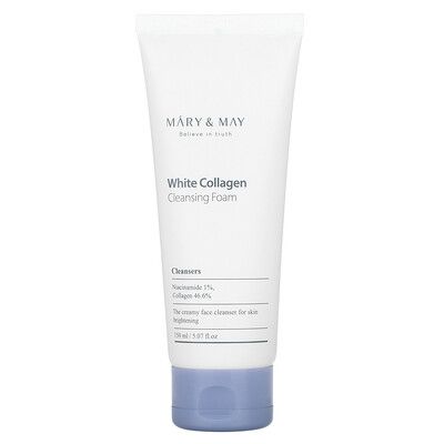 Mary & May White Collagen Cleansing Foam – A 150ml tube of creamy face cleanser enriched with 46.6% collagen and 1% niacinamide, designed to brighten skin, improve elasticity, and gently cleanse the face.