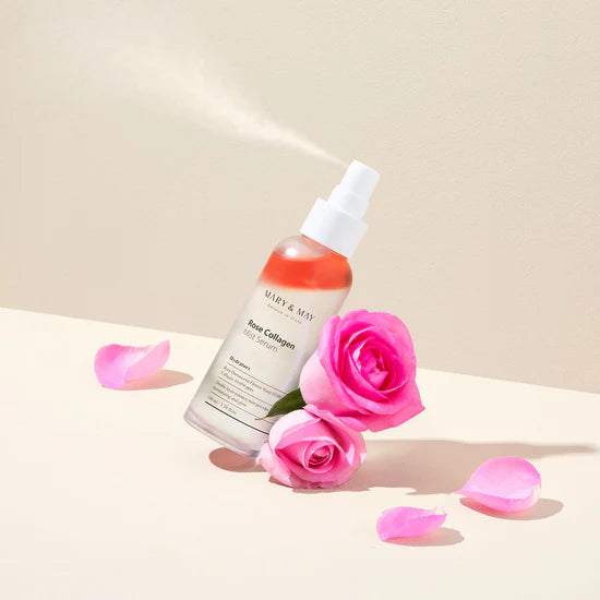 Mary & May Rose Collagen Mist Serum – A dual-layered mist in a 100ml bottle, featuring 10,000ppm Rosa Damascena Flower Water and Collagen, designed to hydrate and improve skin elasticity.