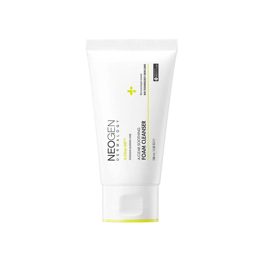 Neogen Dermalogy A-Clear Soothing Foam Cleanser bottle (100 ml) featuring its gentle formula with ingredients like tea tree oil and Centella Asiatica for acne-prone skin.