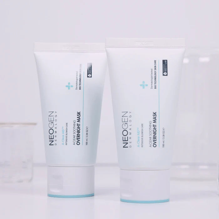 Neogen Dermalogy A-Clear Soothing Overnight Mask jar (100 ml) featuring its calming, sebum-controlling formula designed for acne-prone skin, with Centella Asiatica and Salicylic Acid.