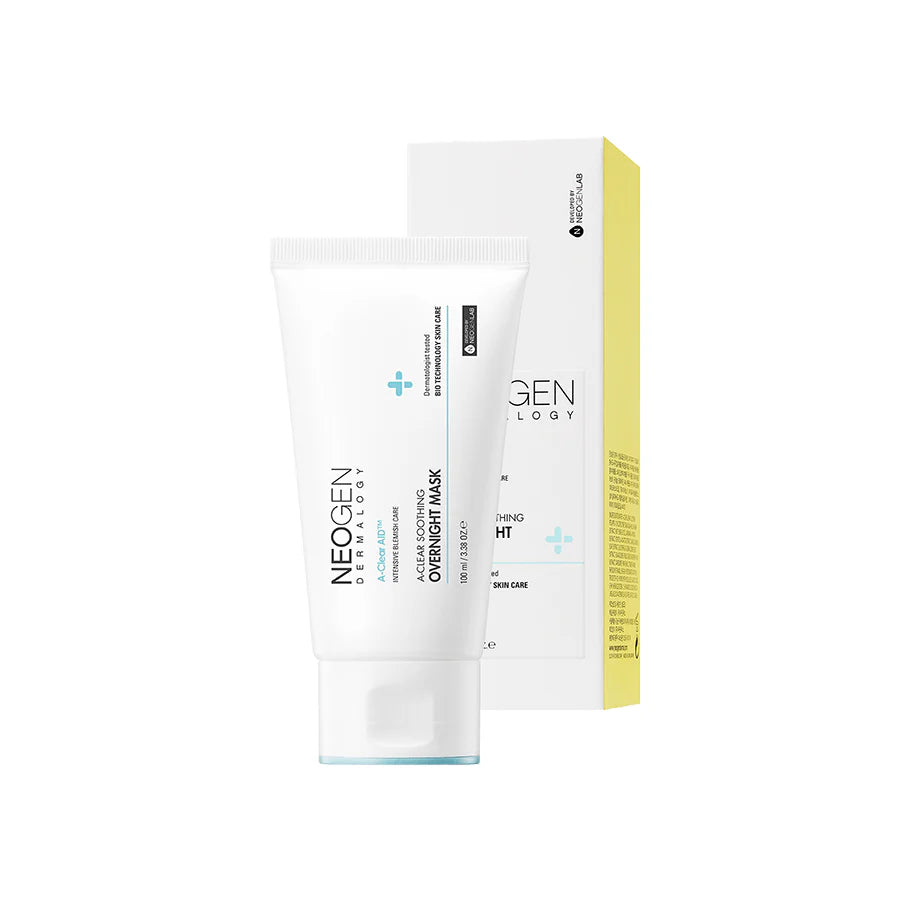 Image of the Neogen A-Clear Soothing Overnight Mask jar, showcasing the sleek design and clear labeling with key ingredients like Centella Asiatica and Salicylic Acid.