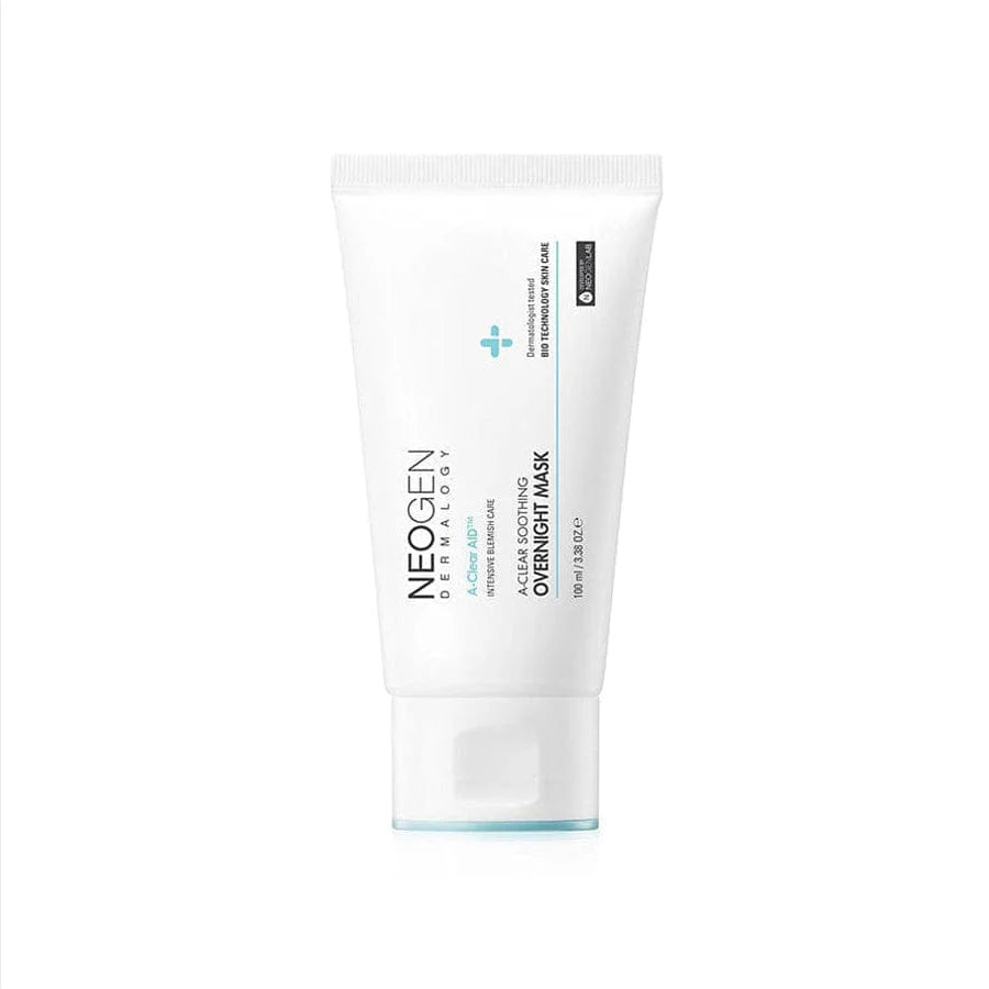 Neogen Dermalogy A-Clear Soothing Overnight Mask jar (100 ml) featuring its calming, sebum-controlling formula designed for acne-prone skin, with Centella Asiatica and Salicylic Acid.