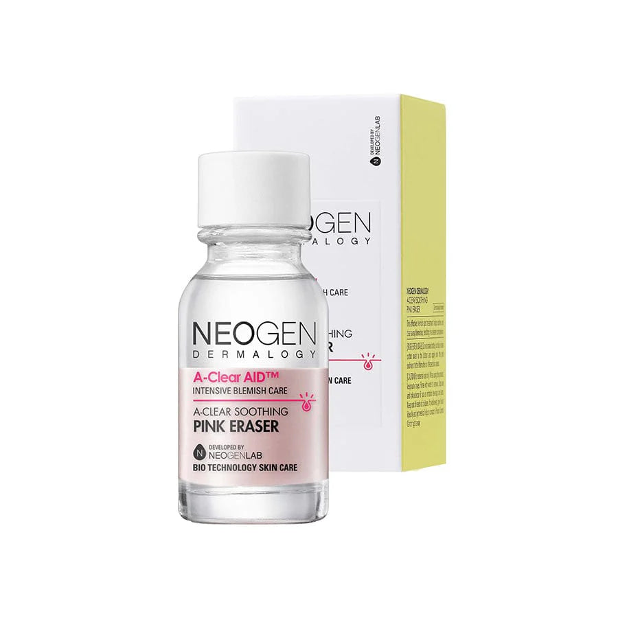 Neogen A Clear Soothing Pink Eraser in its original 15 ml bottle, with a clear label indicating key ingredients like calamine and salicylic acid.