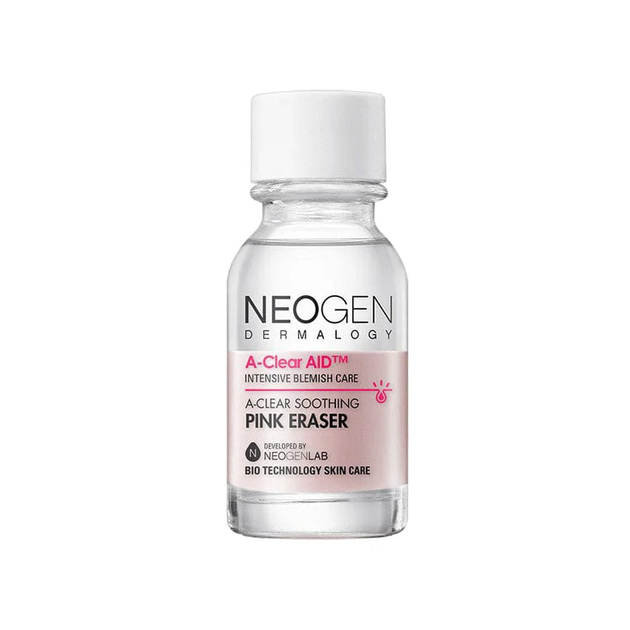 Neogen A Clear Soothing Pink Eraser bottle with visible pink sediment at the bottom, highlighting the soothing and acne-fighting properties of the treatment.