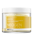 Neogen Bio Peel Gauze Peeling Lemon container showcasing the product with cotton gauze pads soaked in a vitamin-rich lemon serum, highlighting its exfoliating properties.
