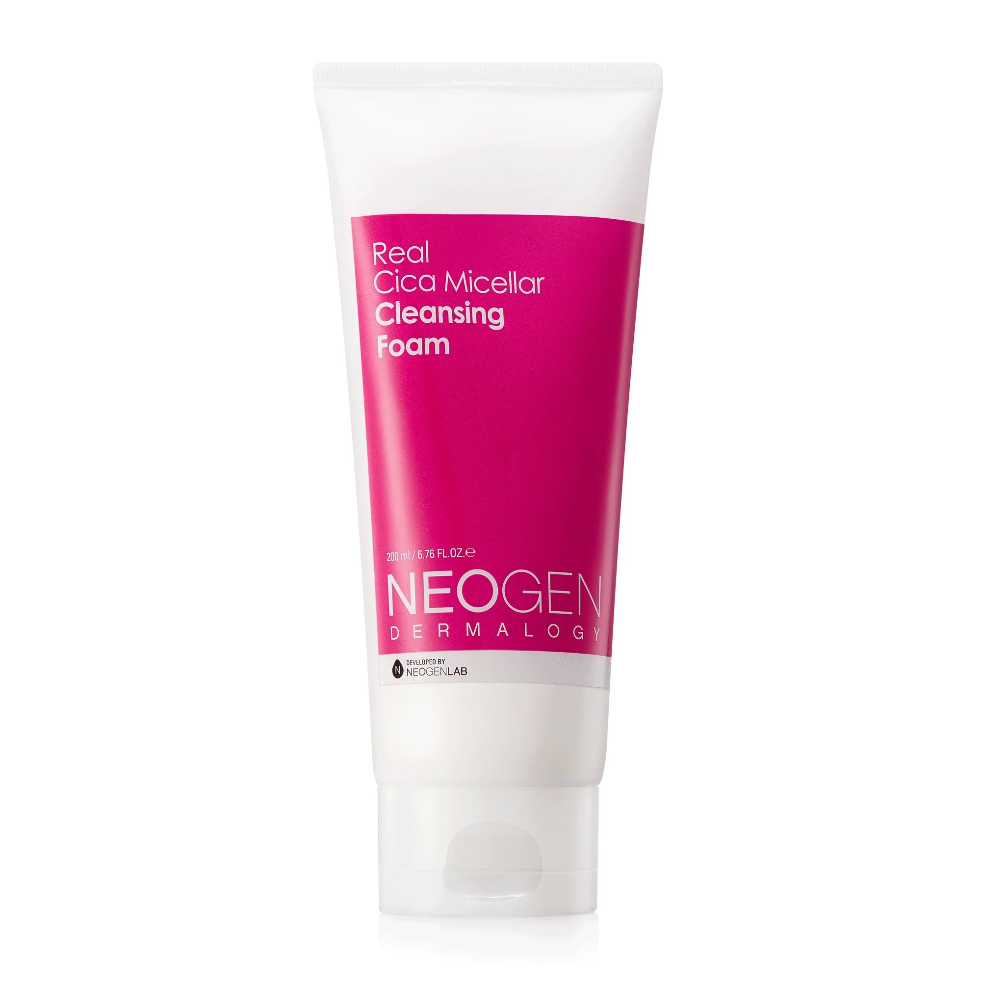 Neogen Dermalogy Real Cica Micellar Cleansing Foam bottle (200 ml) featuring soothing ingredients like Cica (Madecassoside) and Ceramide for dry, sensitive skin.