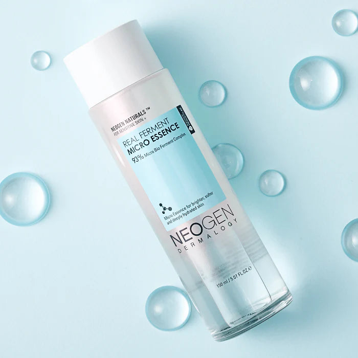 Neogen Real Ferment Micro Essence (150 ml) in its sleek, minimalist bottle, highlighting the hydrating and skin barrier-strengthening benefits of its natural fermented ingredients.