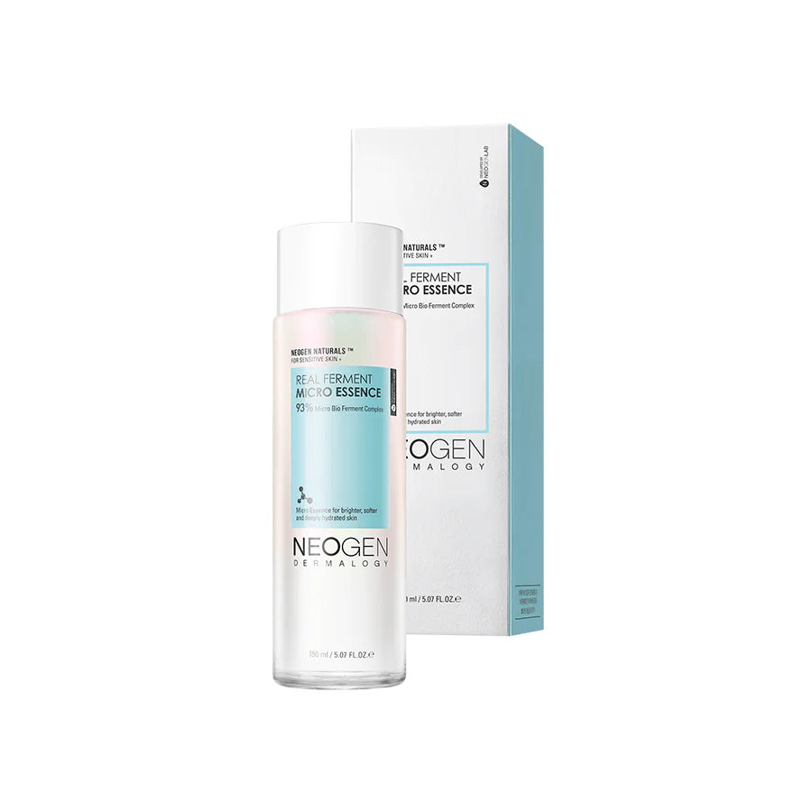 Image of packaging Neogen Real Ferment Micro Essence (150 ml) in its sleek, minimalist bottle, highlighting the hydrating and skin barrier-strengthening benefits of its natural fermented ingredients.
