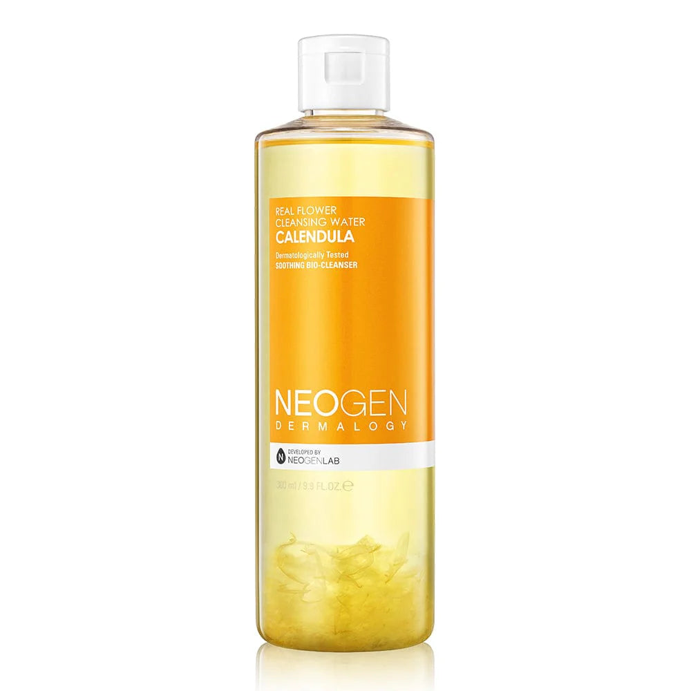 Neogen Real Flower Cleansing Water (Calendula) (300 ml) featuring real calendula petals floating inside the bottle, showcasing its gentle cleansing and soothing properties.