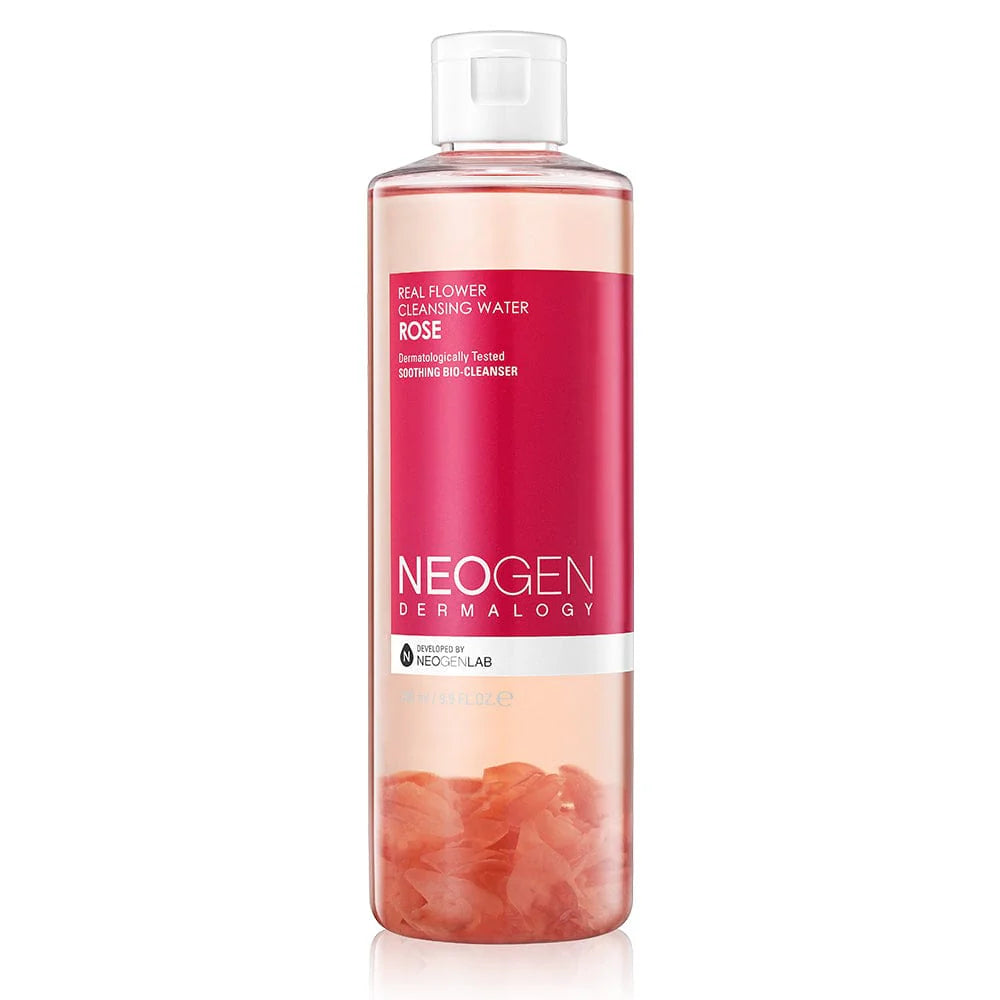 Neogen Real Flower Cleansing Water (Rose) (300 ml) featuring real rose petals floating in the bottle, emphasizing its hydrating and soothing properties for dry, sensitive skin.