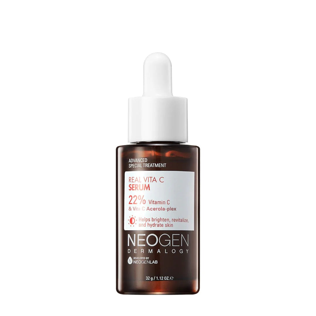 Neogen Dermalogy Real Vita C Serum (32 ml) displayed with its vibrant, citrus-inspired packaging, emphasizing its brightening and revitalizing properties with vitamin C and citrus extracts.
