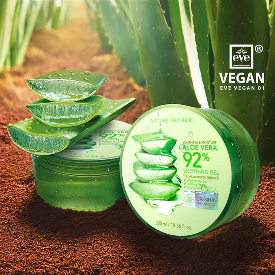 Nature Republic Soothing Moisture Aloe Vera 92% Soothing Gel in a 300 ml jar with clear packaging showcasing the aloe vera gel's soothing and moisturizing properties.
