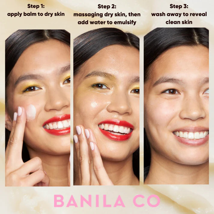 Model using Banila Co Clean It Zero Cleansing Balm Nourishing, massaging the balm onto dry skin to dissolve makeup and impurities while hydrating and nourishing the skin.