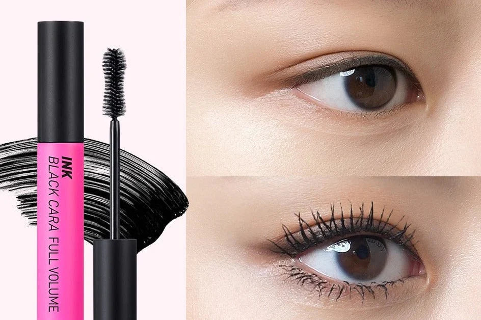Before and after using the Waterproof Mascara, highlighting the dramatic increase in lash length, volume, or curl, depending on the mascara type used.