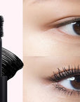 Before and after using the Waterproof Mascara, highlighting the dramatic increase in lash length, volume, or curl, depending on the mascara type used.