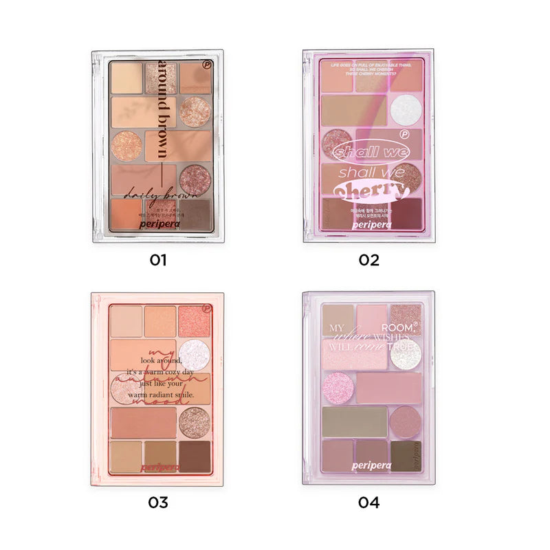 Peripera All Take Mood Technique Palette 01 Around Brown, featuring 9 neutral shades with golden shimmer to create versatile eye looks for both everyday and night-time wear.