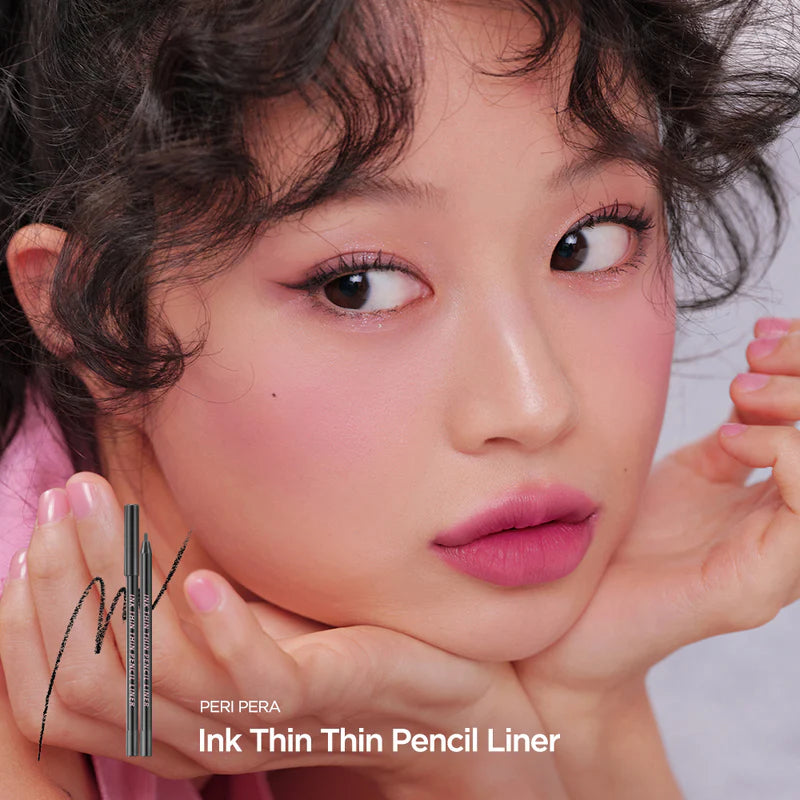 Before and after applying the Peripera Ink Thin Thin Pencil Liner, showcasing the effect of the ultra-thin tip for precise, defined eyes that look wider and more open.