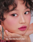 Before and after applying the Peripera Ink Thin Thin Pencil Liner, showcasing the effect of the ultra-thin tip for precise, defined eyes that look wider and more open.