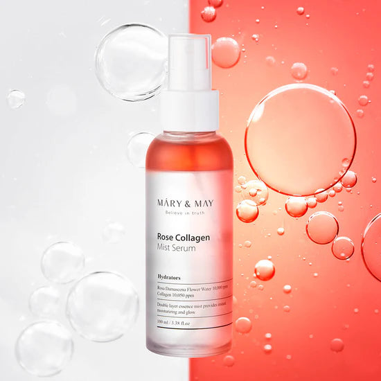 Close-up of the packaging for Mary & May Rose Collagen Mist Serum – Emphasizing its antioxidant-rich formula that moisturizes, enhances elasticity, and prevents wrinkles.