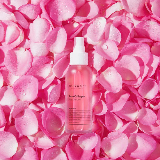 Close-up of the packaging for Mary & May Rose Collagen Mist Serum – Emphasizing its antioxidant-rich formula that moisturizes, enhances elasticity, and prevents wrinkles.