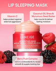 Key ingredients of Laneige Lip Sleeping Mask EX – Coconut Oil, Murumuru Butter, Shea Butter, and Vitamin C for intense hydration, softening, and antioxidant protection