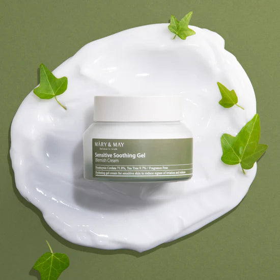 Close-up of the creamy texture of Mary & May Sensitive Soothing Gel Blemish Cream – A smooth, non-greasy gel that absorbs quickly into the skin to provide instant relief and hydration.