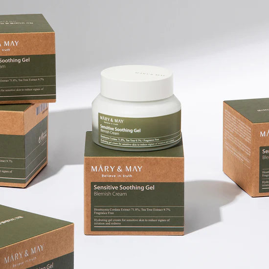 Mary & May Sensitive Soothing Gel Blemish Cream – A 70ml tube of soothing cream with Houttuynia Cordata Extract and Tea Tree Extract designed to cool, hydrate, and calm sensitive, irritated skin.