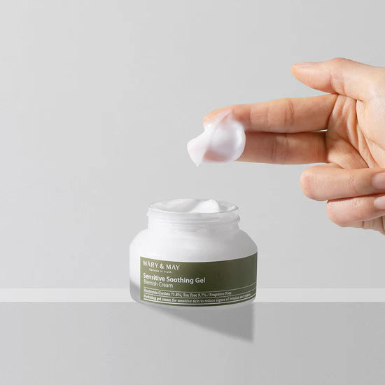Close-up of the creamy texture of Mary & May Sensitive Soothing Gel Blemish Cream – A smooth, non-greasy gel that absorbs quickly into the skin to provide instant relief and hydration.