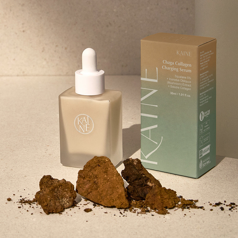KAINE Chaga Collagen Charging Serum packaging - sleek, eco-friendly design with 30 ml of vegan, cruelty-free skincare