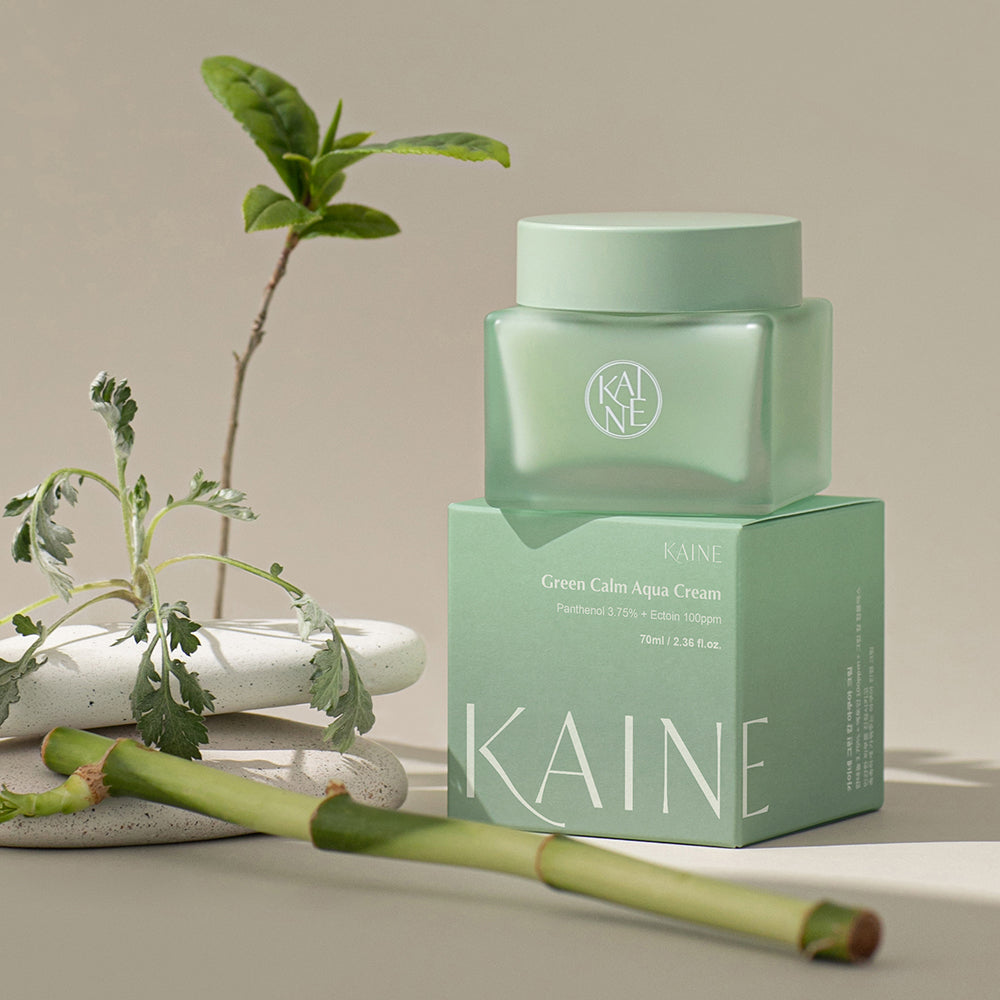 Kaine Green Calm Aqua Cream packaging - 70 ml jar with minimalist design, suitable for all skin types, especially sensitive skin