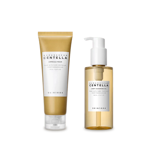 Skin1004 Double Cleansing Power Duo – Includes Madagascar Centella Light Cleansing Oil (200ml) and Centella Ampoule Foam (125ml) for gentle yet effective cleansing.