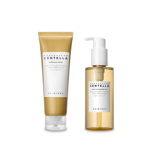Skin1004 Double Cleansing Power Duo – Includes Madagascar Centella Light Cleansing Oil (200ml) and Centella Ampoule Foam (125ml) for gentle yet effective cleansing.
