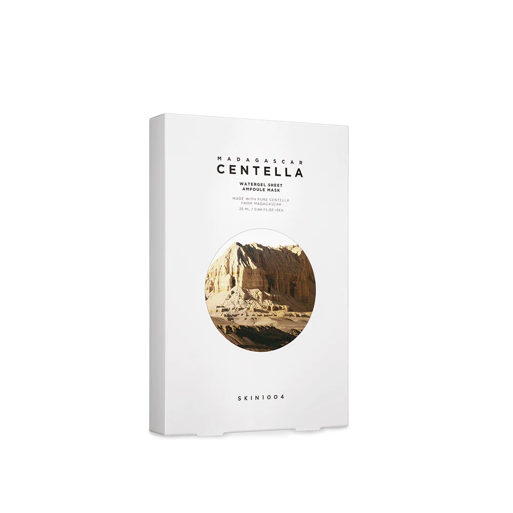 Skin1004 Madagascar Centella Watergel Sheet Ampoule Mask – 5 sheets per box, designed to deeply hydrate and soothe irritated skin with rich ampoule essence.
