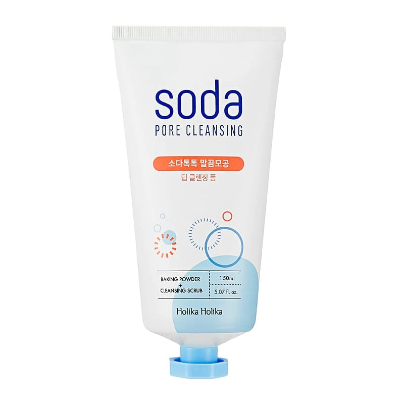 Holika Holika Soda Pore Deep Cleansing Foam, a gentle scrub with tea tree oil and witch hazel, designed to cleanse, exfoliate, and tighten pores
