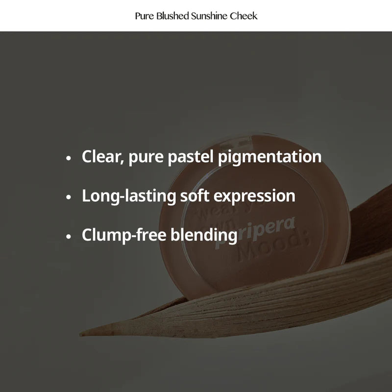 Peripera Pure Blushed Sunshine Cheek blush compact featuring three shades: Milktea Coral, Afternoon Red, and Dusky Rose. The blush provides a natural, sun-kissed glow with a smooth, soft finish for a radiant, fresh complexion.