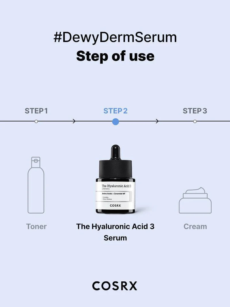 COSRX Hyaluronic Acid 3 Serum on a skincare shelf – elegant and effective hydration serum for glowing, healthy skin