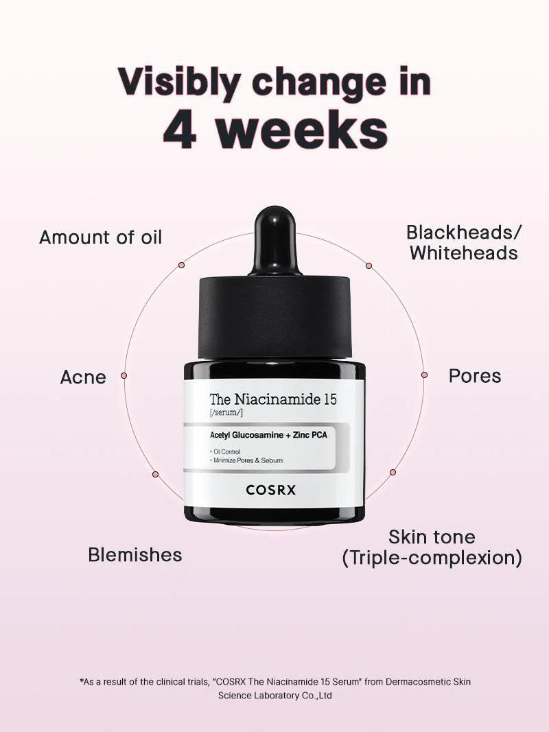 COSRX The Niacinamide 15 Serum in sleek 20ml bottle – powerful formula with 15% niacinamide to clear acne, control oil, and brighten skin