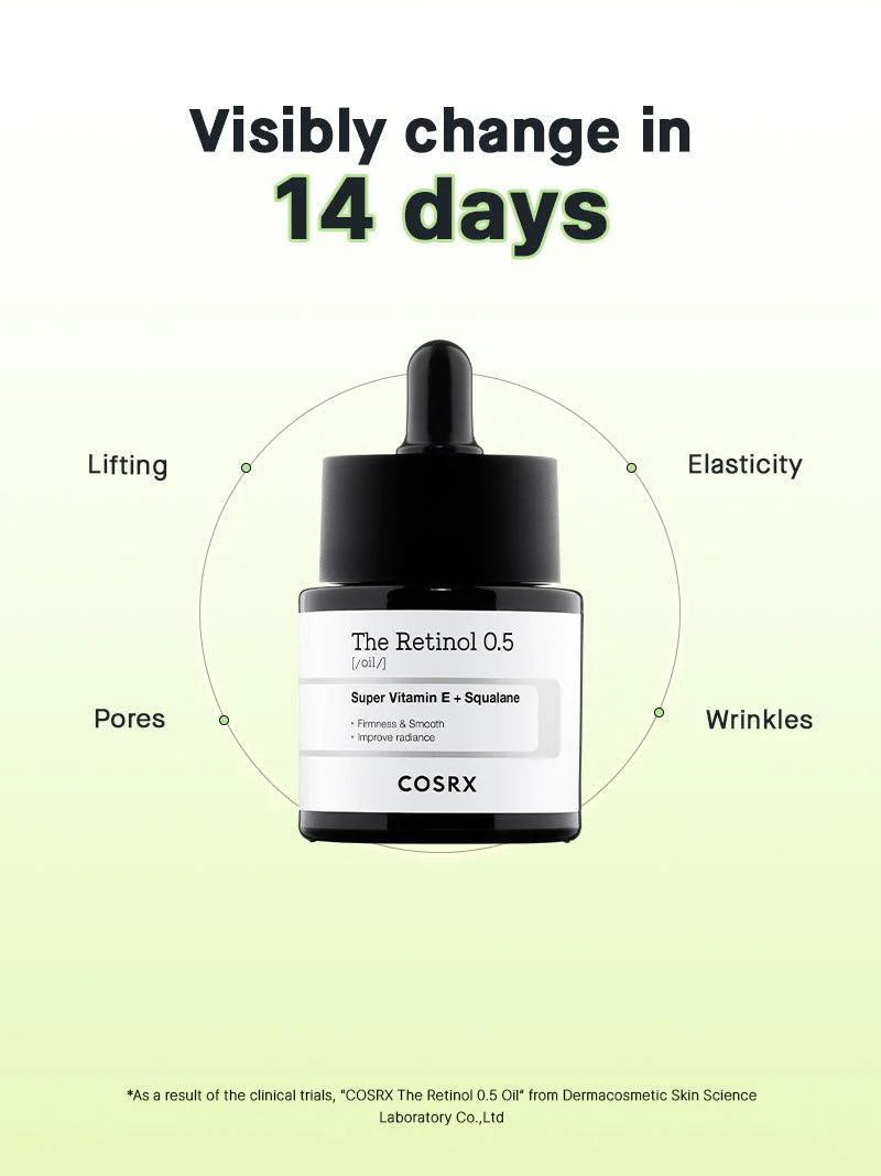 COSRX Retinol Serum 0.5% – Anti-aging serum with pure retinol, reduces wrinkles, improves elasticity, smooths texture, and hydrates skin. 20ml bottle with lightweight, quick-absorbing formula for advanced retinol users
